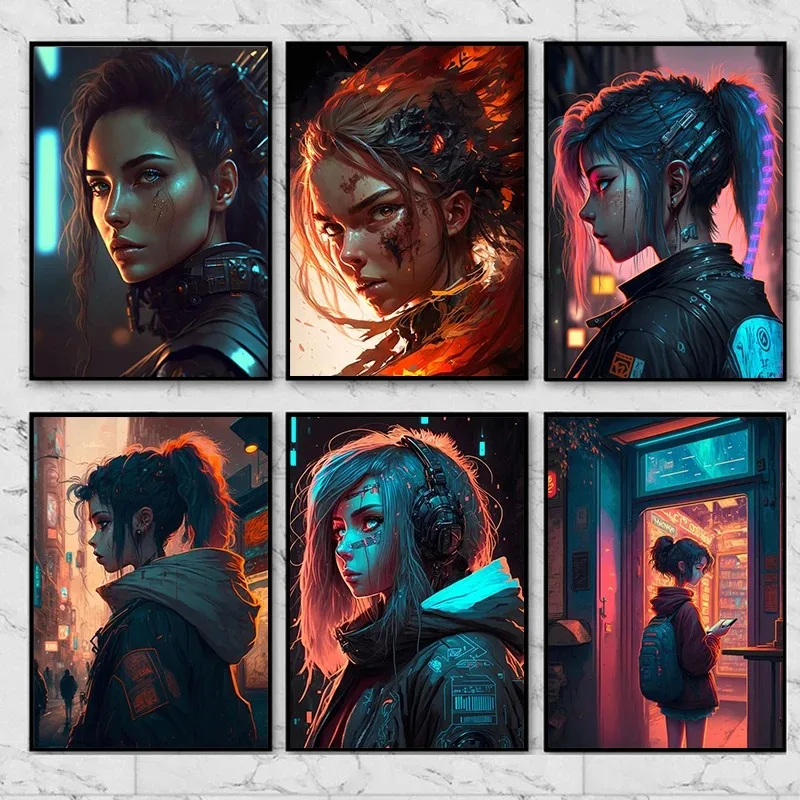 Anime Girls Cyberpunk Girl Plagát Painting Plagáty a výtlačky plátno nástenné umelecké obrázky pre domácu obývaciu izbu cuadros