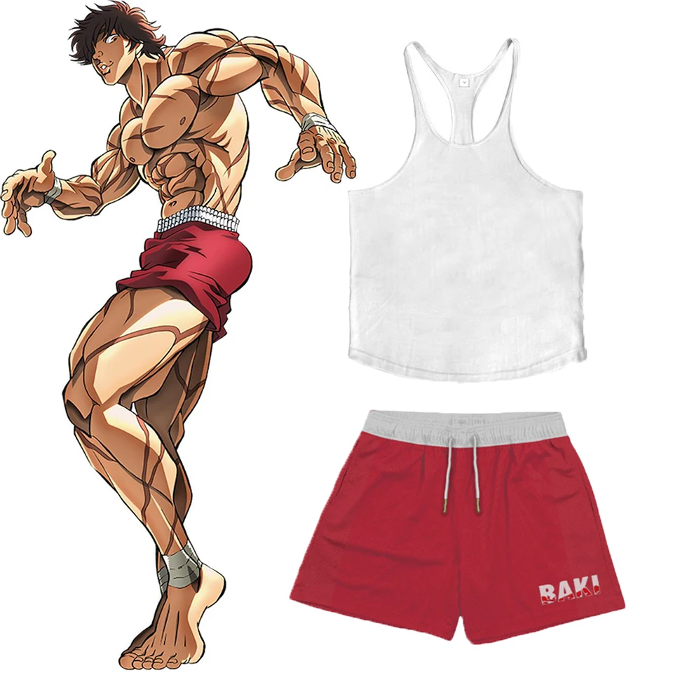 Anime Hanma Baki Set Tlač šortiek+vesta Výkonnosť Streetwear Beach Shorts Casy Loose Men