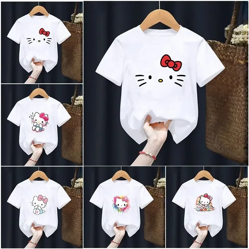 Anime Hello Kitty tlačené deti Tričko Kawaii Cartoon Kid Tieň letné rukávové príležitostné ležasné dievča
