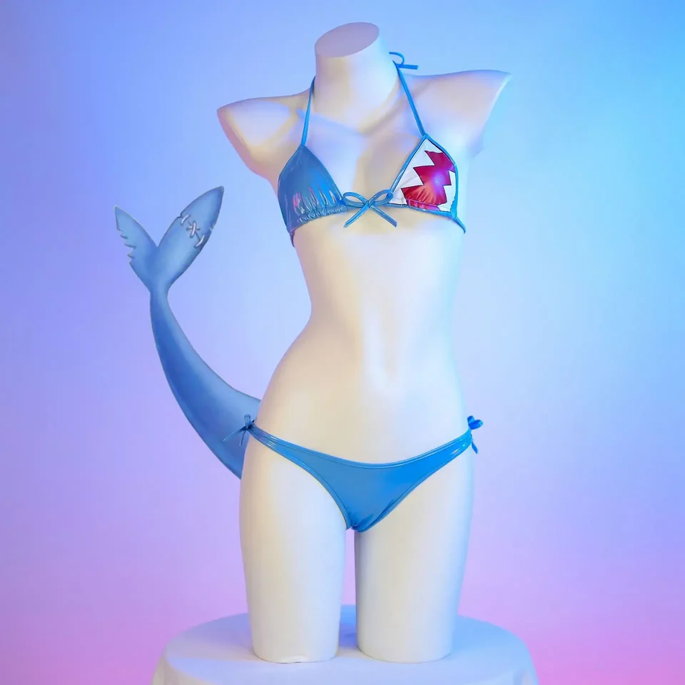 Anime Hollolive Vtuber Gawr Gura Cosplay kostýmy Ženy Sexy koža Dvojdielne bikiny Sada roztomilé kawaii žralok plavky podprsenky spodná bielizeň
