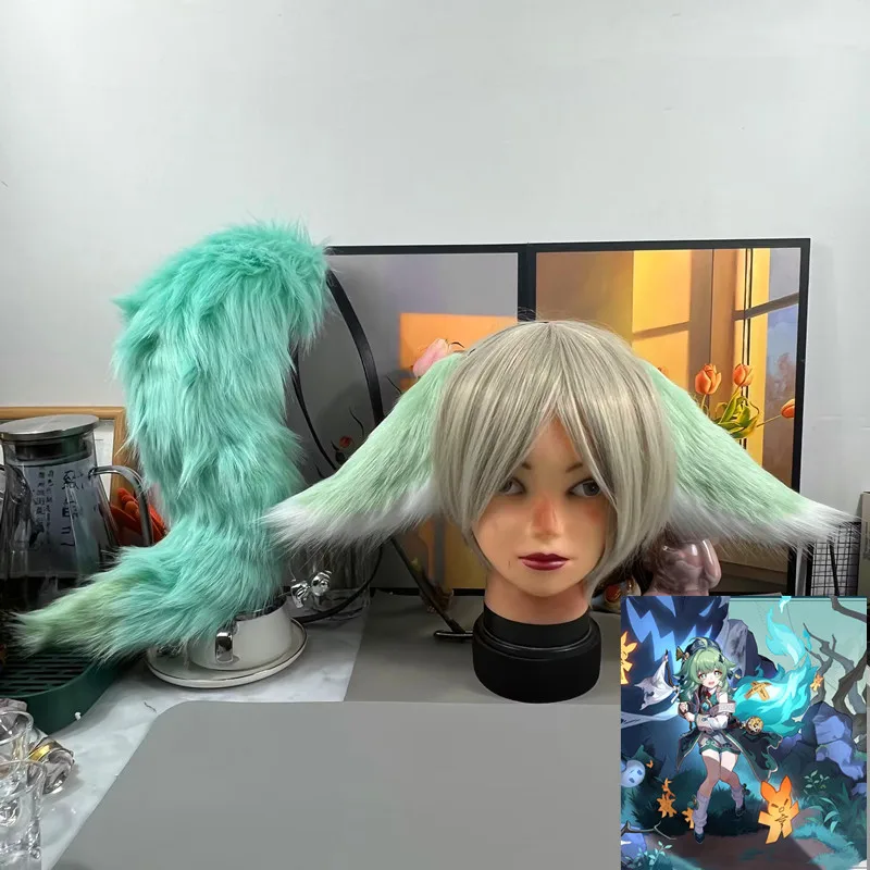 Anime Honkai: Star Rail Huohuo Green Tail Simulation Fox Ovce Ovce Cat Uši chvost Cosplay kostým pokrývok pokrývky Krásne rekvizity Halloween Darček