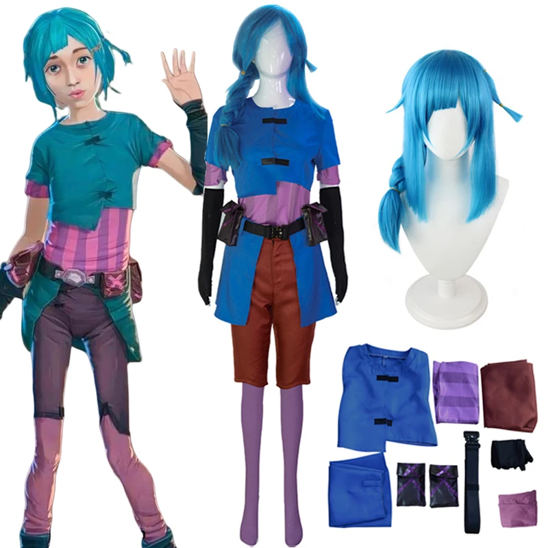 Anime hra lol tajomný prášok Cosplay jinx junior detský kostým Uniformný modrý kabát Pants Príslušenstvo pre dievčatá