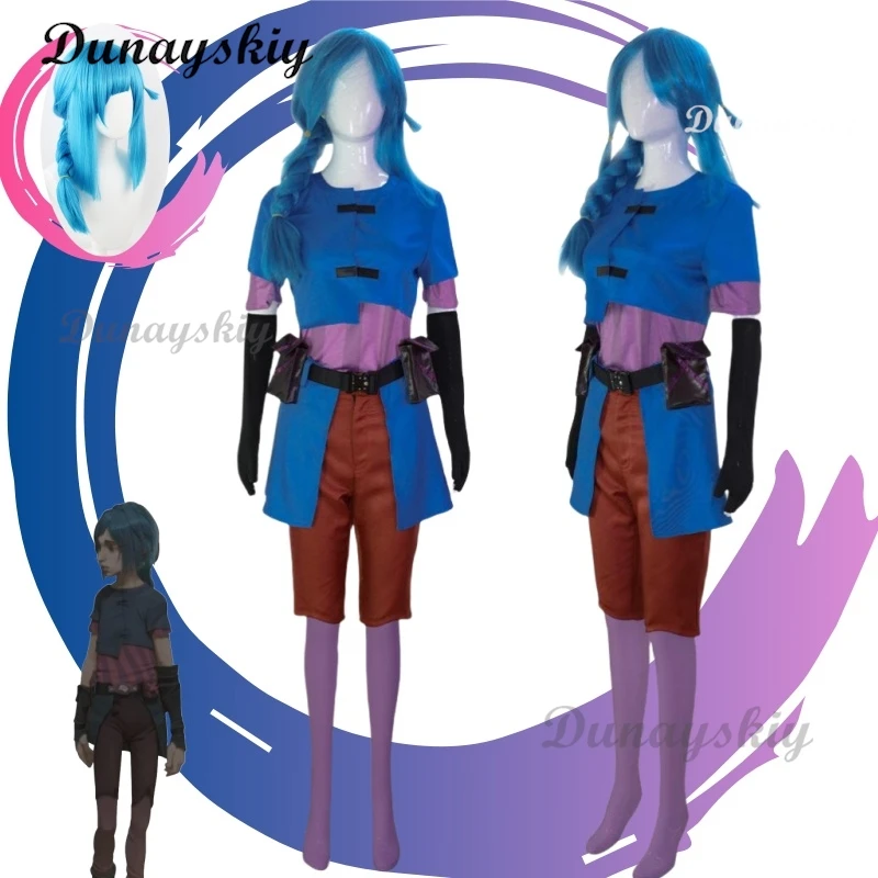 Anime hra lol tajomný prášok Cosplay jinx juniorský detský kostým Uniformný kabát nohavice modré parochne pokrývky pre dievčatá prispôsobené