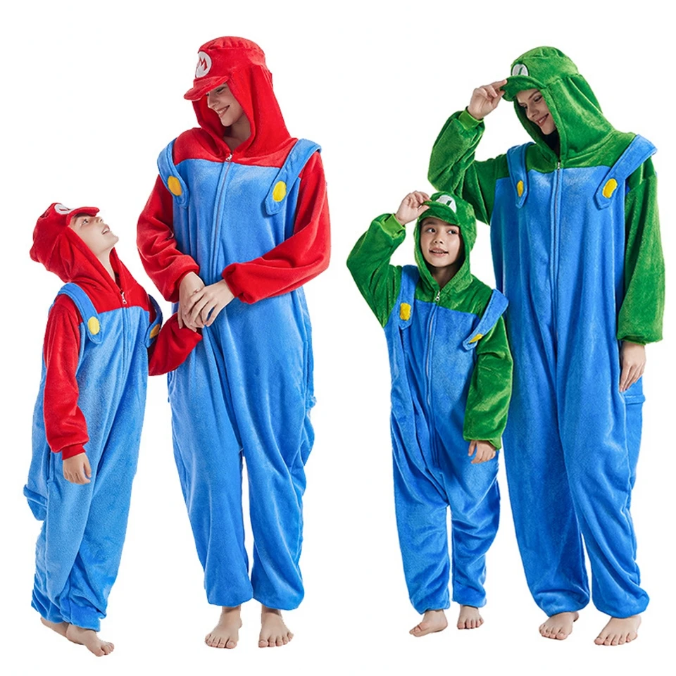 Anime hra Luigi Super Mario Cosplay kostým Kigurumi dospelých unisex pyžamy flanel kombinézy Sleepwear