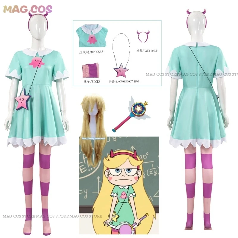 Anime hviezda hviezda motýľ cosplay hviezda hviezda motýľ ponožky dievčatky halloween fancy roleplay kostým zelené šaty parochňa červená hlava