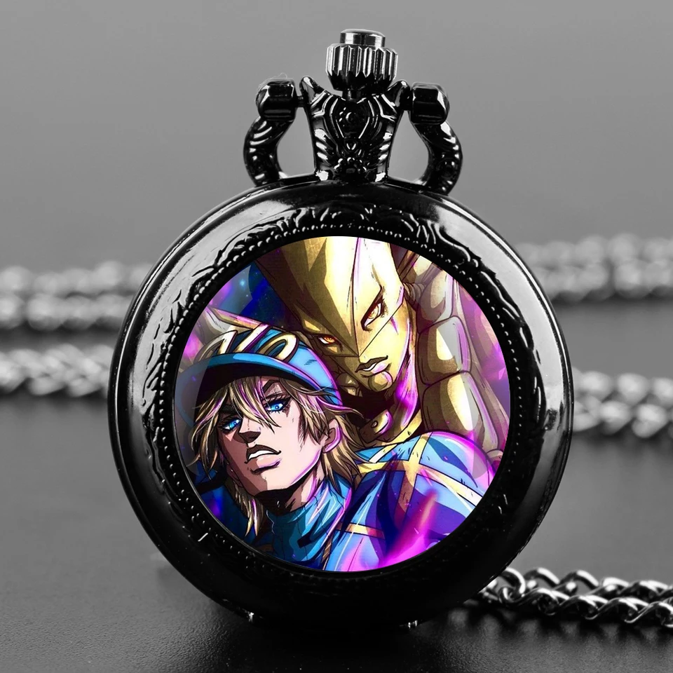 Anime jojo bizarné dobrodružstvo Quartz Pocket Watch for Women Men náhrdelník jedinečný prívesok Čierne hodiny reťaz hodinky Darčekové doplnky