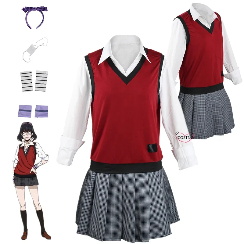Anime Kakegurui Ikishima Midari Full Set Shirt Suk sukňa pre ženy Girl Halloween Party Cosplay kostým narodeniny darček s parochňou