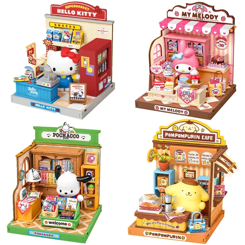 Anime Kawaii Sanrio Rodina roztomilý manažér obchodu Séria Kitty Melody Pochacco DIY Cabin Mini Miniature Model Detský darček k narodeninám
