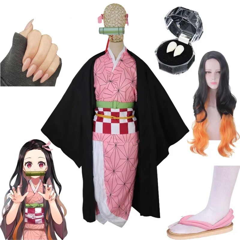 Anime kimetsu no yaiba cosplay kostým Kamado Nezuko japonská kimono žena parochňa parochňa Halloween kostým anime veci nechty na nechty zubné protézy