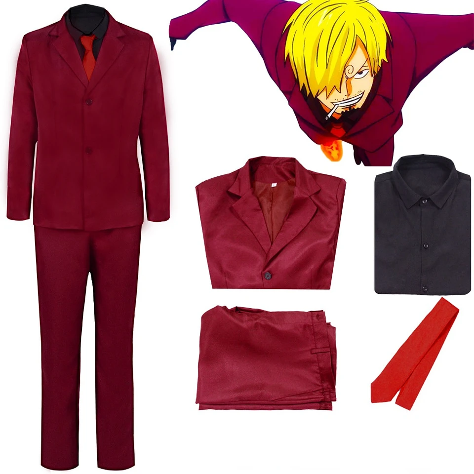 Anime kostým piráti Sanji cosplay muži červený uniformy kuchára sanji parochňa parochňa Halloween karneval kostýmy