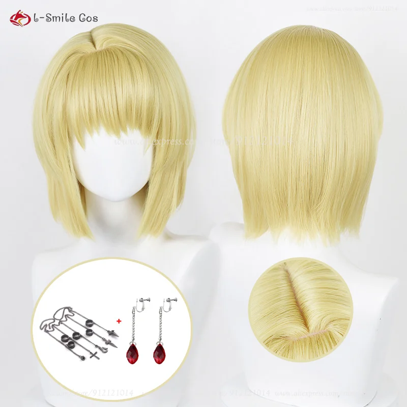 Anime kurapika cosplay parochňa s krátkym blondínkou so zlatými tepelnými syntetickými vlasmi Kurapika Kurta Cosplay parochňa a krúžky + parochňa čiapka