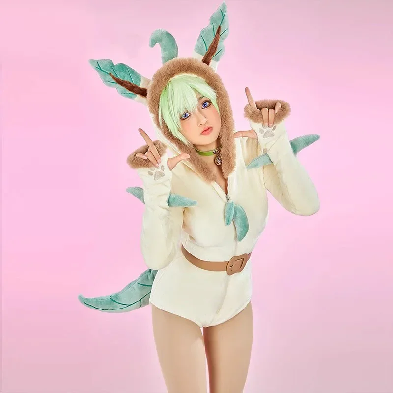 Anime Leafeon Cosplay kostýmy Ženy Sexy plyš s kapucňou BodySuit ponožky Bunny dievča roztomilé karikatúry pyžamy flanel sexy spodná bielizeň
