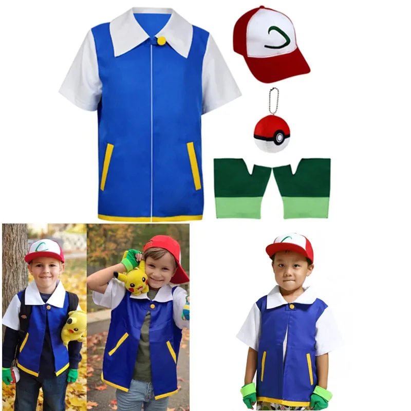 Anime malá múdrosť elf loptu vianočný kostým Ash Ketchum poke deti cosplay kostým halloween chlapci modrá bunda rukavice klobúk set