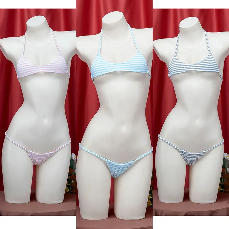 Anime miku kawaii mini bikiny cosplay cosplay modrá biela pruhovaná roztomilé japonské plavky plaviek posilňovň