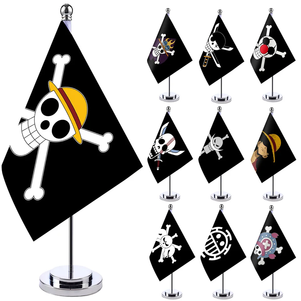 Anime One Piece Desk Flag pre domáce dekorácie Kancelária Držiteľ stolov Držiteľ Banner karikatúra Luffy Straw Hat Pirates Piráty Skull Flag Hračky Darčeky