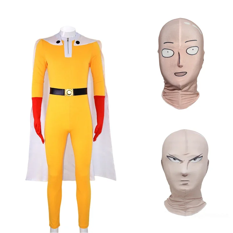 Anime One Punch Man Costume Saitama Cosplay muži Halloween žlté kombinézy oblečenie plášťový oblek karneval plešatý hlava hlavy XF3189