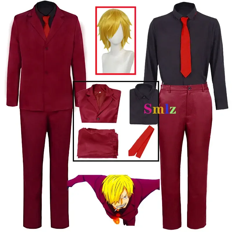 Anime piráti Sanji Cosplay kostýmov muži Sanji Red Uniforma Chef Chef Sanji parochňa Halloween karneval kostýmy