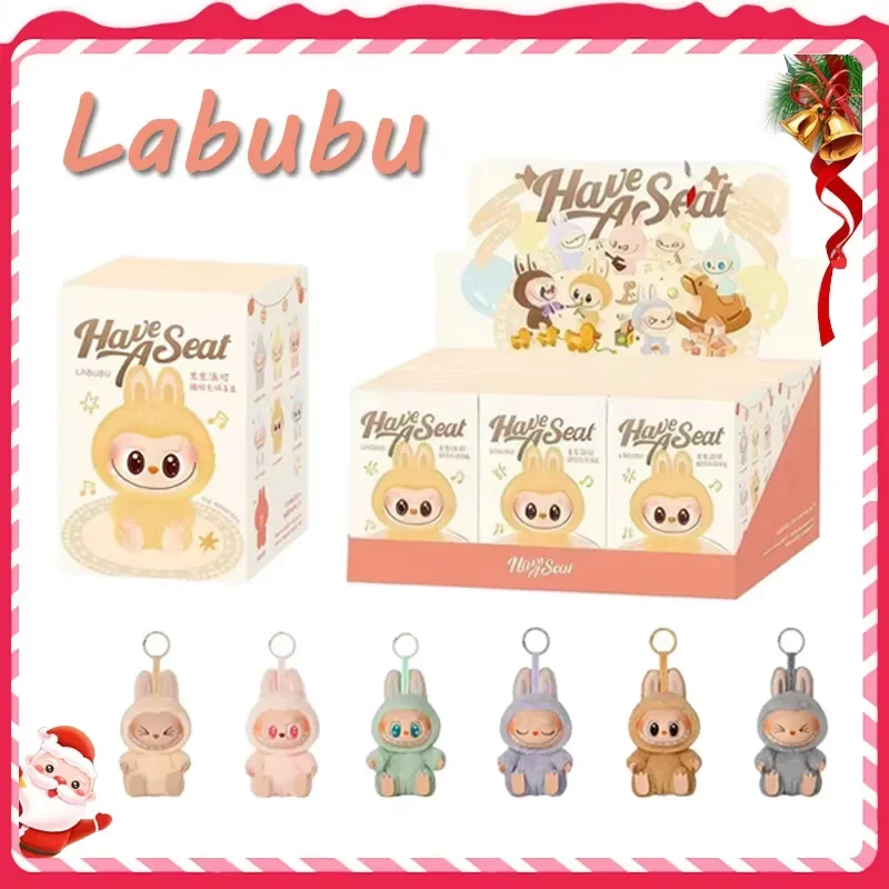 Anime postava LaBubu Blind Box Mať sedadla Series Pendant Flocking Model Toy Toy Kawaii Monster Replica Keychain Hray vianočný darček