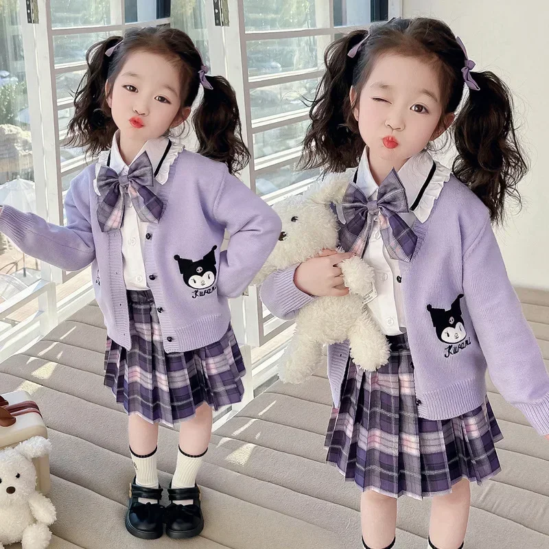 Anime Sanrio Kuromi Girl JK Suit Autumn College Style Trojdielne sada roztomilých detí uniformné skladané sukňové sveter Halloween darček