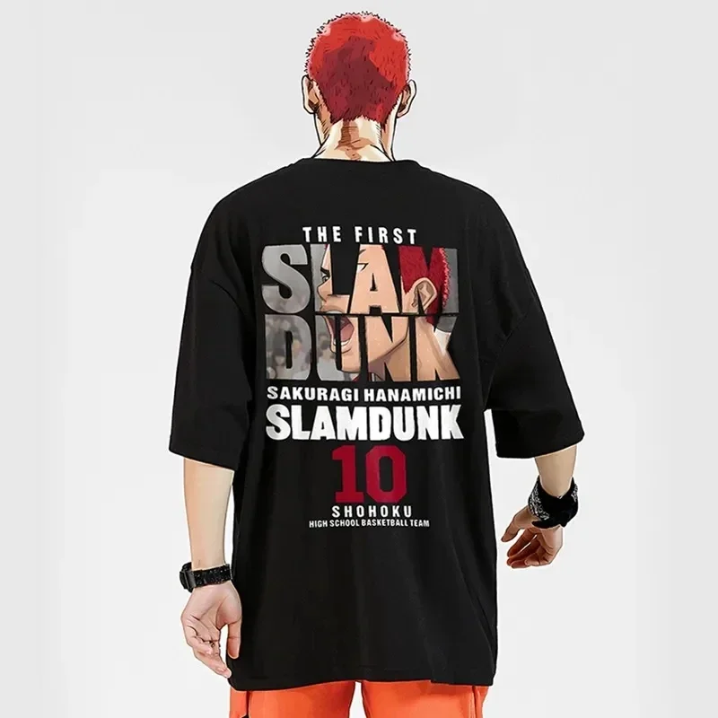 Anime Slam Dunk tlačené pánske športové tričko Sakuragi Hanamichi Kaede Rukawa TEE Nadmerná japonská bavlnená bavlna krátky rukáv