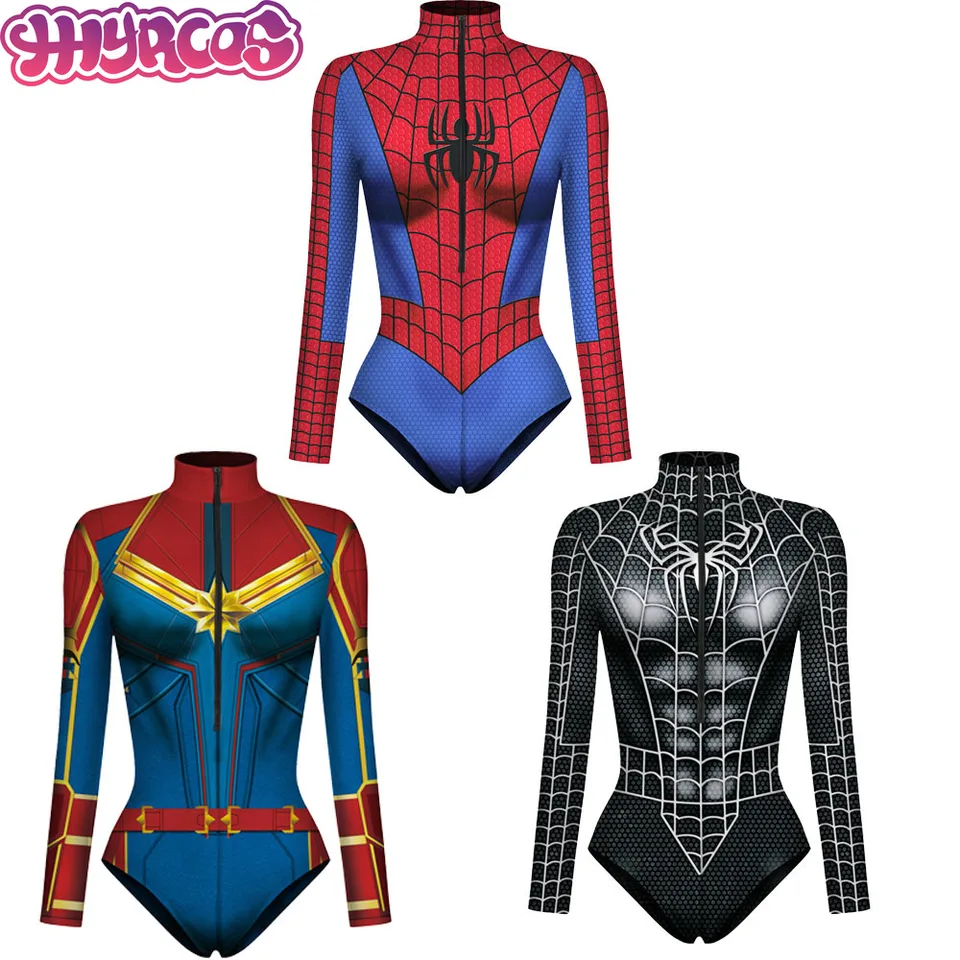 Anime superhrdina BodySuit for Women Men Men Men Spiderman Zipsuitsuits Iron Man 3D tlač s dlhým rukávom Karneval Kostýmy Party