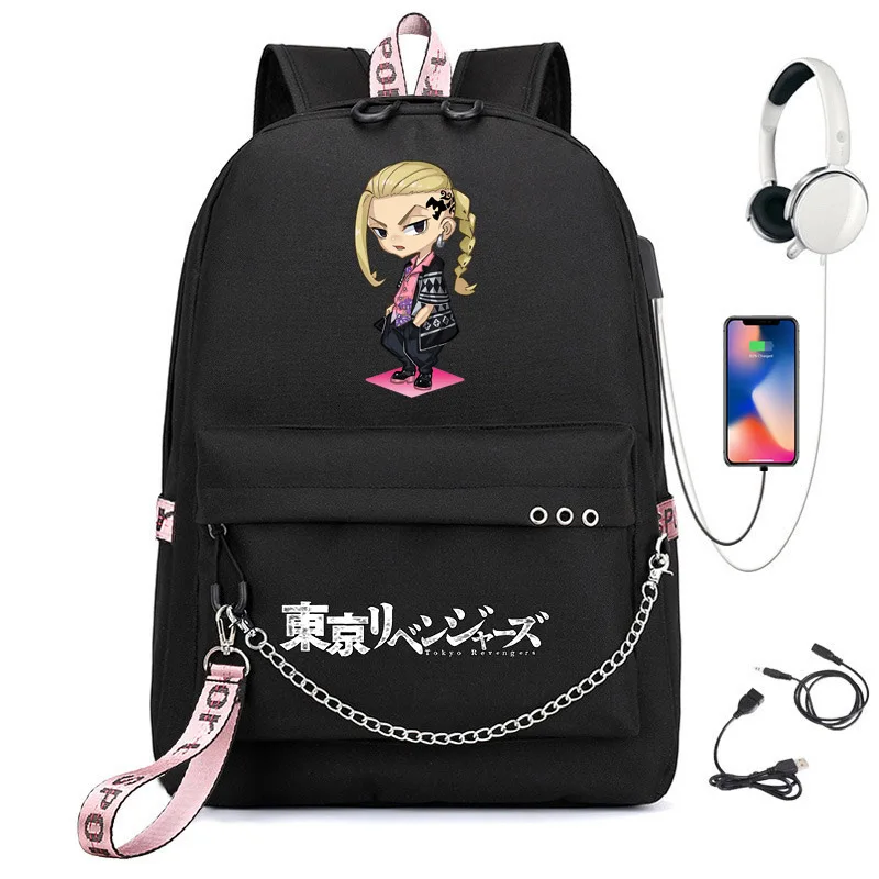 Anime Tokio Revengers USB Backpack School Book Bags Travel Boys Dievčatá prenosný telefón USB Port Daily Mochila