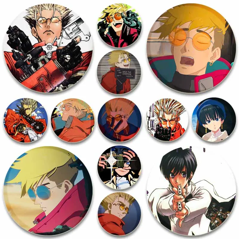 Anime trigun gombíky Pins Vash The Stampede Cartoon Badge Round DIY Create Brošes pre darčeky pre batohové šperky
