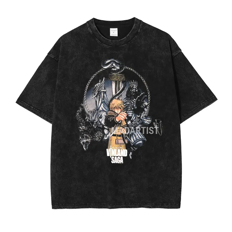 Anime Vinland sága tričká Vintage Wased Thorfinn Tričko s nadmerným rukávom s krátkym rukávom Harajuku Streetwear Tops Tees Man 100% bavlna