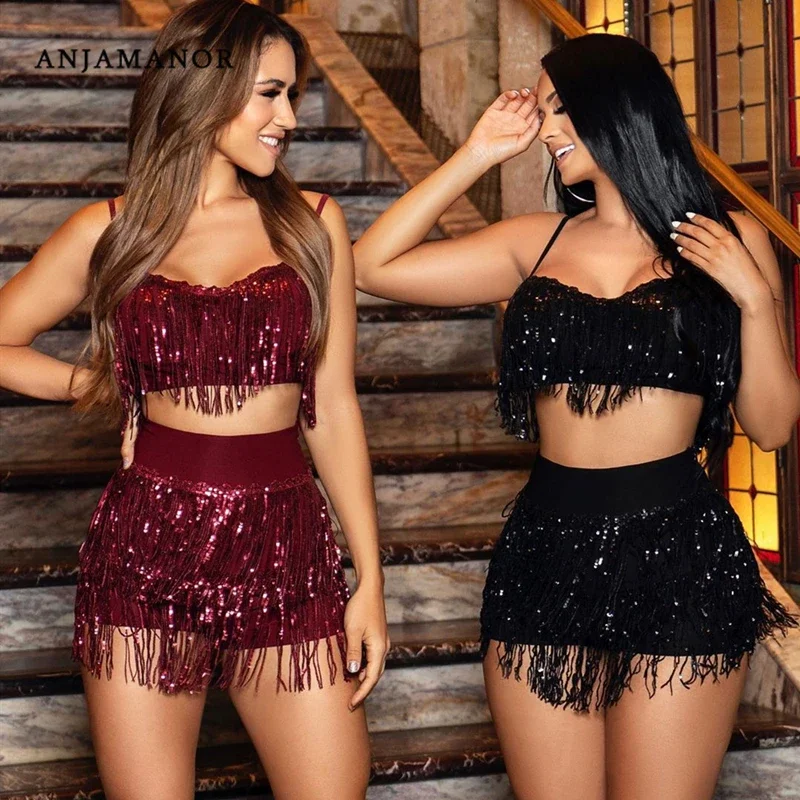 Anjamanor Sexy Club Two -Piece Set Flitry Fringe Glitter Beach Party Outfits 2 PCS Set Ženy sukňové plodiny Top zodpovedné súpravy D47FD26