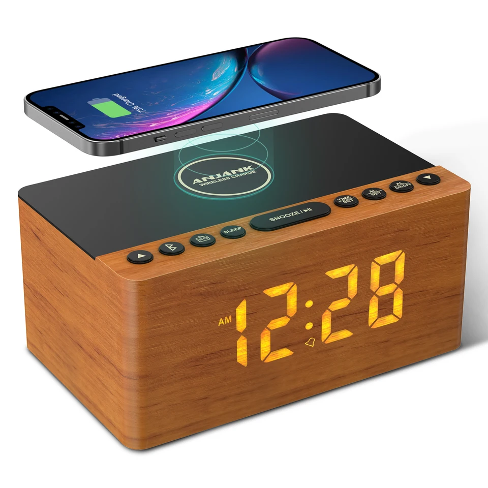 Anjank Bluetooth reproduktor Alarm s rádiom FM, rýchla bezdrôtová nabíjačka, 5 úrovne stmievania, USB nabíjací port, 2 zvuky