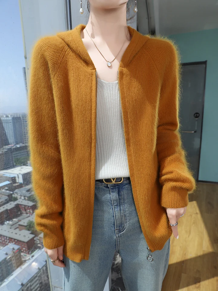 Anjel 100% Mink Cashmere Women Women Zipper Mardigan Swar s kapucňou jesenná zima hrubý kašmérový kabát módne ženské oblečenie mikina