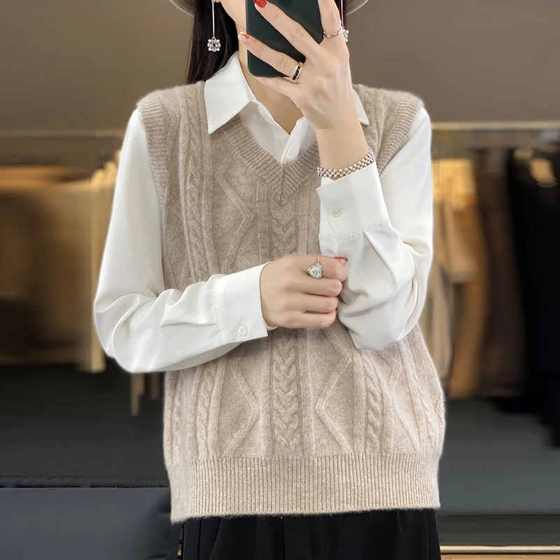 Anjelské dámske sveter vesty vesty V-krk Twist Flower Pulloves Autumn Winter Zima 100% merino vlnené pletené pletené oblečenie bez rukávov