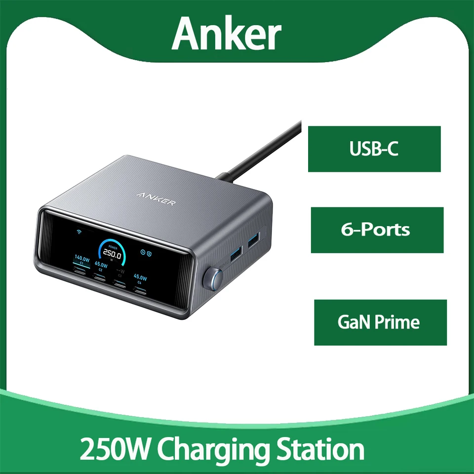 Anker Prime Charger, 250W / 200 W nabíjacia stanica Gan Prime USB C, ultra rýchly 6-port, 2,26 