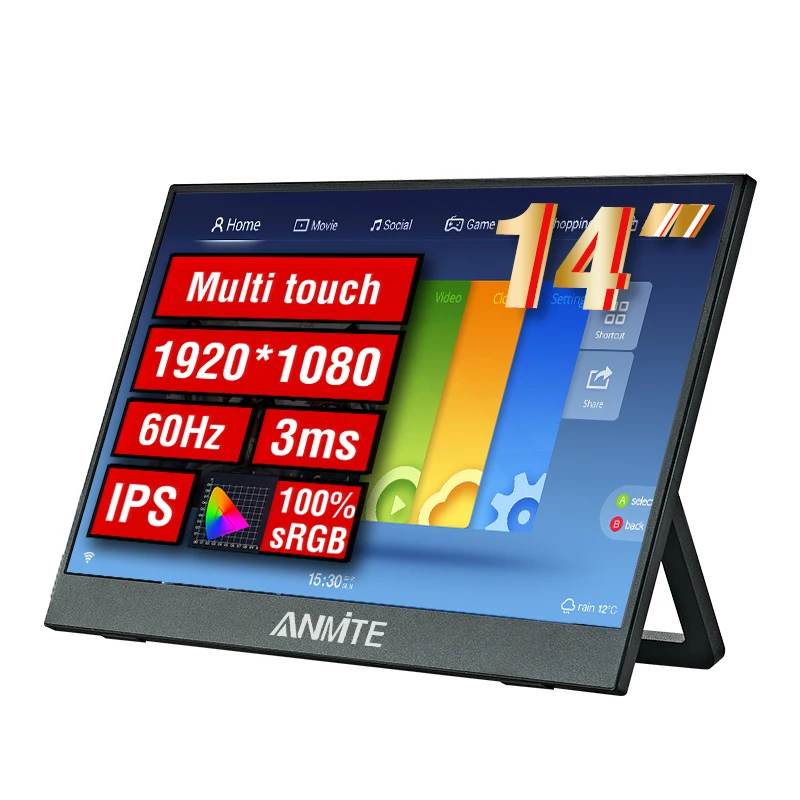 Anmite 14-palcový prenosný monitor TouchScreen1080p HDR 16: 9 Nízke modré svetlo pre Xbox PS4 / 5 prepínač mobilného telefónu PC Loptop Extension