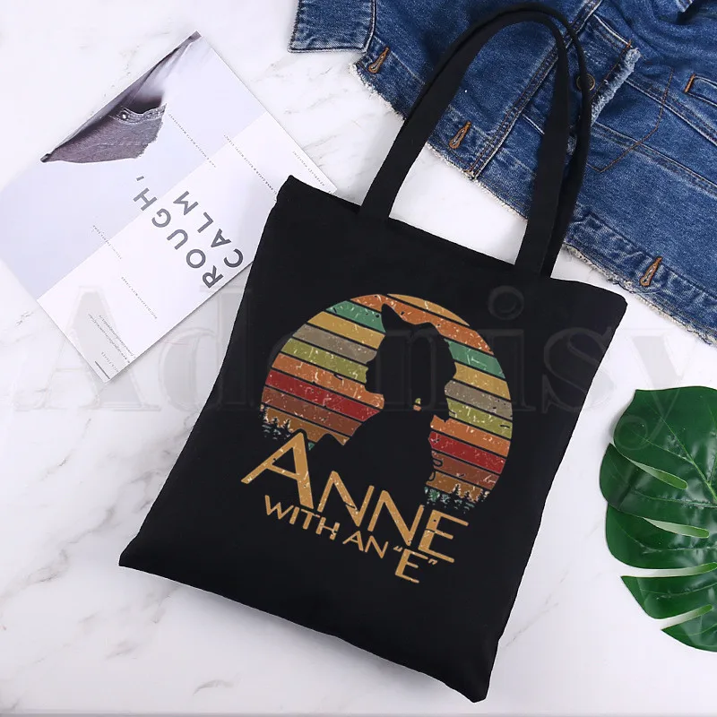 Anne Shirley Green Gables Black Canvas Tlač nákupných tašiek dievčatá módny život neformálny pacakge ručný taška