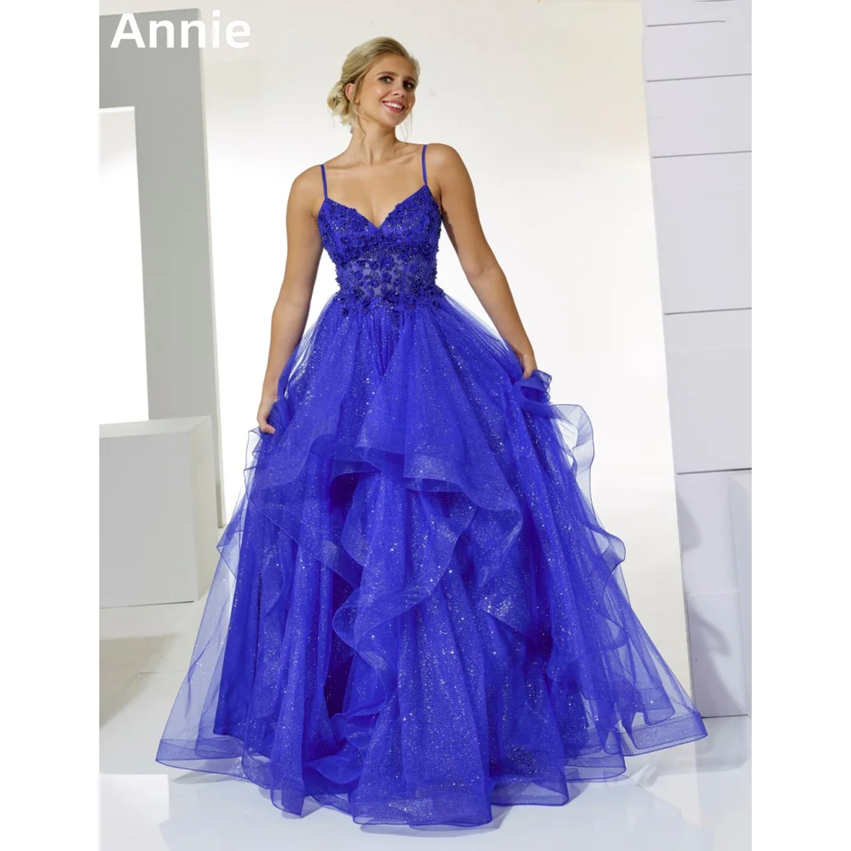 Annie Blue Svadobné šaty Vyšívané flitry Princezné prom šaty A-tvape korzet trblietavý nadýchaný tyl