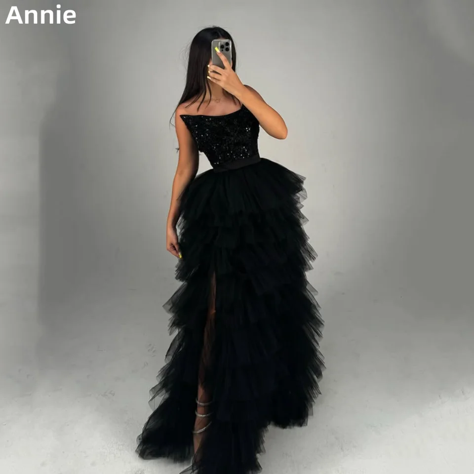 Annie nádherné výšivky ples šaty trblietky Tulle viacvrstvové večerné šaty čierna dáma Vestidos de fiesta prispôsobené