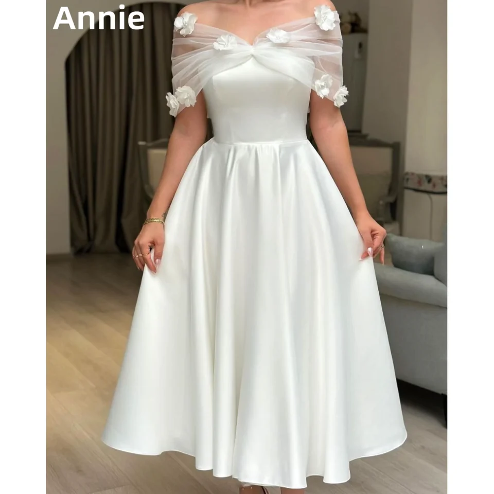 Annie Sweet White Prom Dresses 3D AppltiKé saténový členok večerné šaty