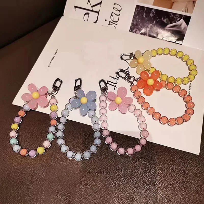 Anti-lost kvetinové korálkové autá Keychain zápästie zápästia macaron farebný mobilný telefón kúzlo štipky na ručný mobilný telefón Prívesok mobilného telefónu