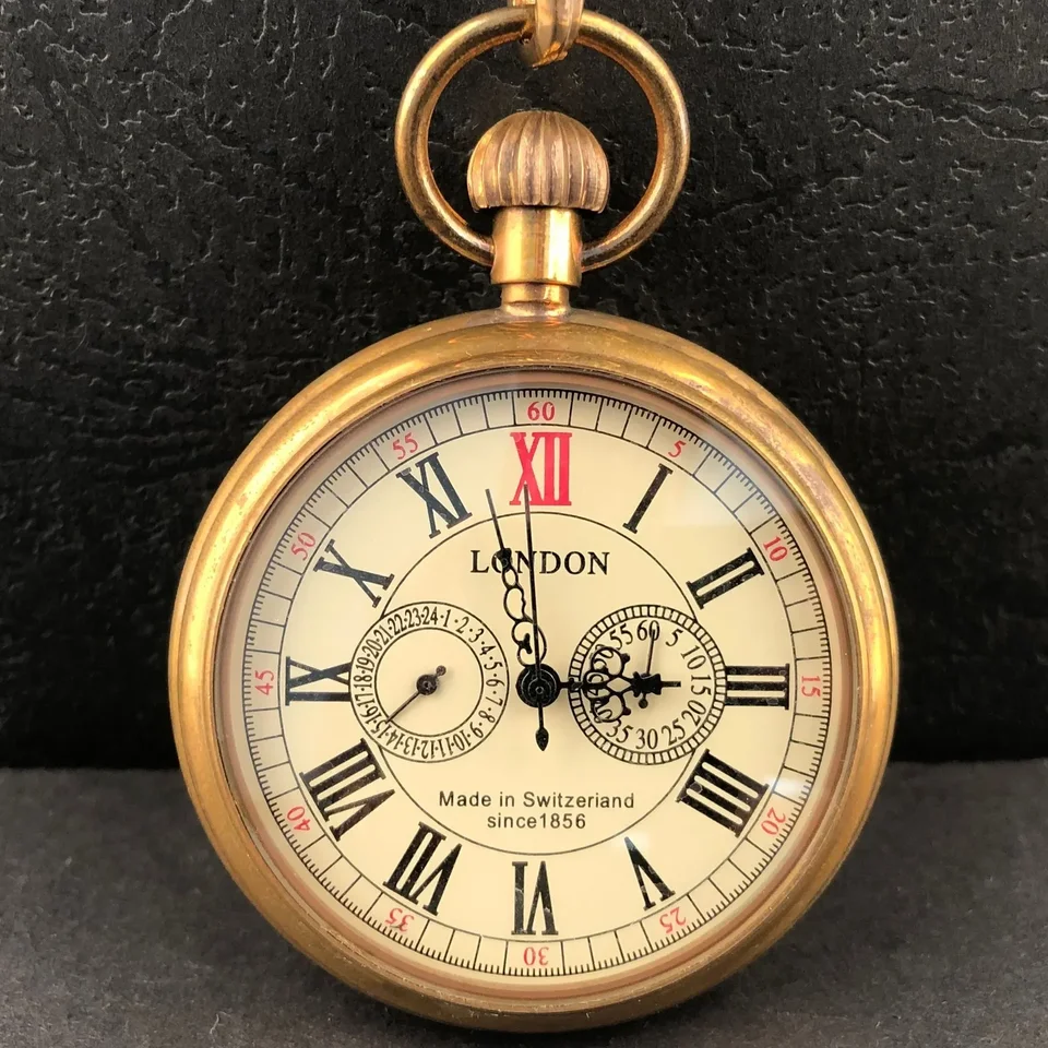 Antique Copper London 1856 Antique Hands Mechanické vrecko a hodinky FOB Ručne vinutia kostrové pánske hodinky 30 cm reťazec