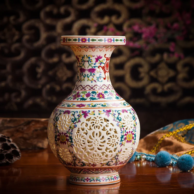 Antique Jingdezhen remeselnícky keramická váza Čínska prepichnutá dutá váza Svadobné darčeky Domáce vybavenie dekorácie remeselníkov