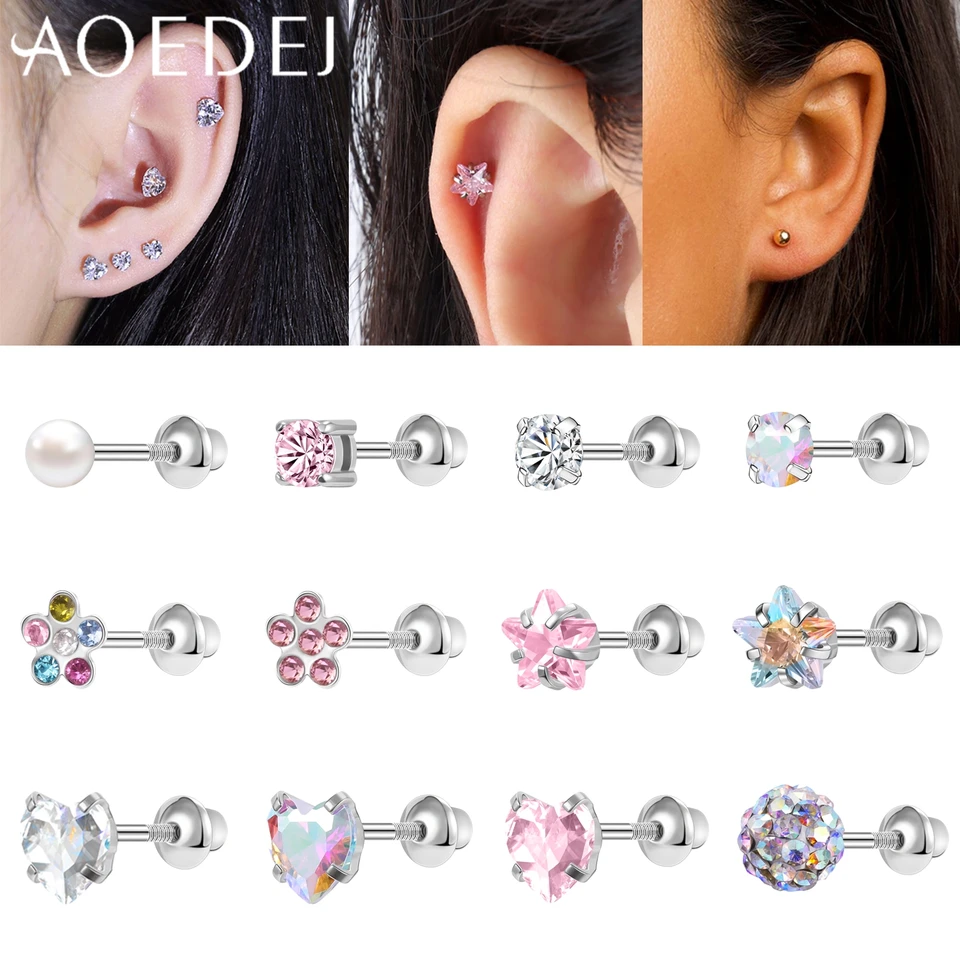 Aoedej 1pc 20g z nehrdzavejúcej ocele cvok Cz Crystal Ear Piercing Heart Star Tvar Stud náušnice Helix Chrup