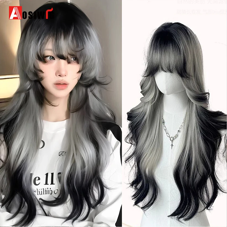 AOSI Syntetické dlhé zvlnené ženy Ombre Gray Gradient Čierna parochňa lolita cosplay nadýchaná tepera odolná voči teplu s treskami na každodennú párty