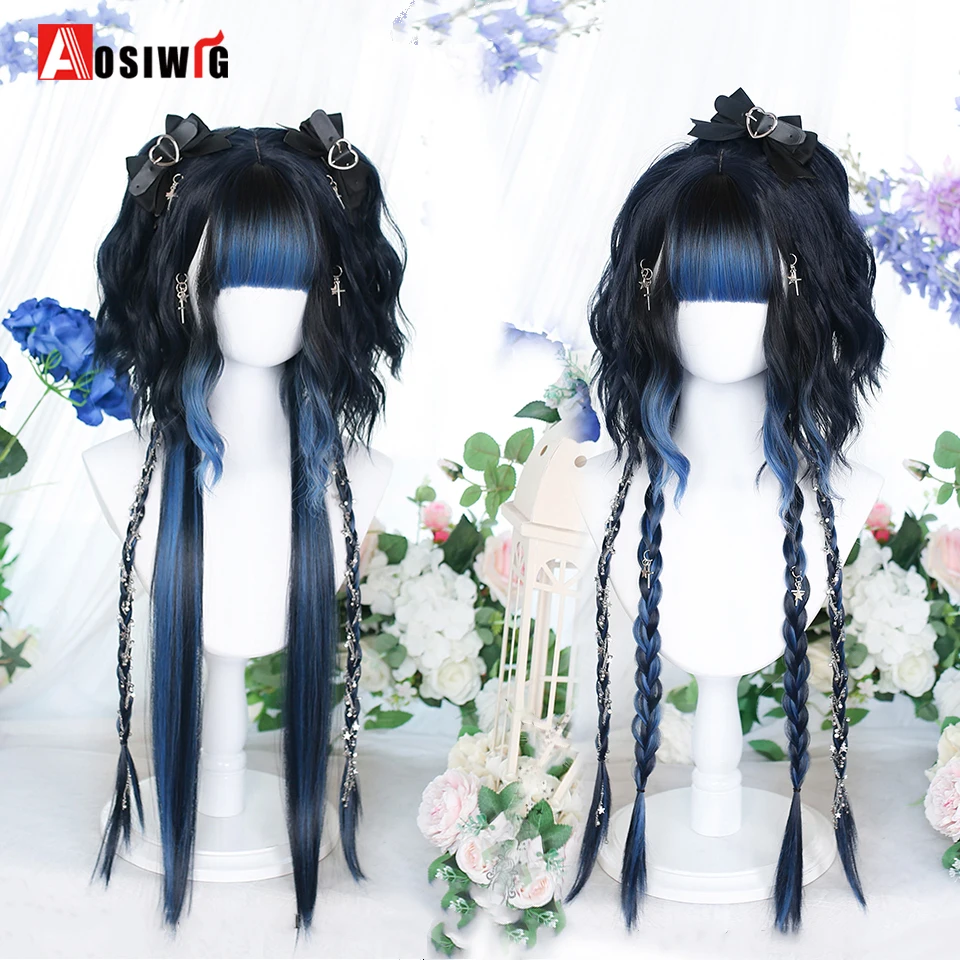 Aosiwig Cosplay parochňu Syntetická dlhá rovná medúza hlava s parochňou Bangs Halloween Black Blue Denné parochne pre ženy