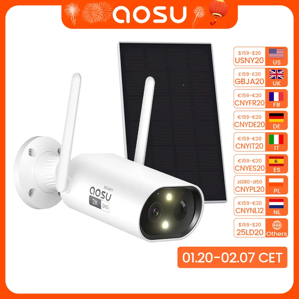 AOSU 3MP WiFi Bullet Solar Camera 100% bez drôtovej bezpečnostnej kamery Vstavaná batéria 2-cestná audio CCTV fotoaparát podporuje Alexa