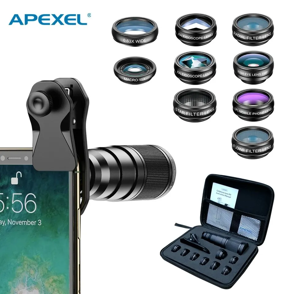 Apexel 10 in 1 súprava šošoviek mobilných telefónov 22x teleobjektív so širokouhlým uhlom makro šošovky+filtre CPL STAR Flow Filtre pre všetky smartfóny