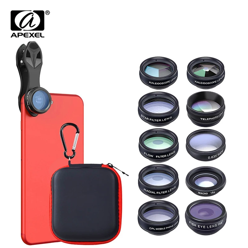 APEXEL 10 in 1 telefón s fotoaparátom s súprava CAMERA FISHEYE širokouhla makro šošovky CPL KALEIDOSKOP A 2X TELESCOPE pre smartfóny pre smartfóny