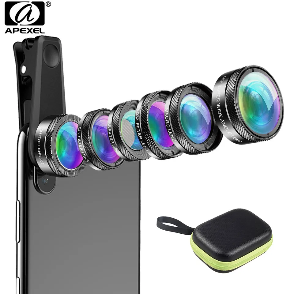 Apexel Nový telefón s fotoaparátom s fotoaparátom 6 v 1 Fish Eye Lens 205 stupňa širokého uhla 25x makro šošovky CPL/STAR ND32 Filter pre smartfóny