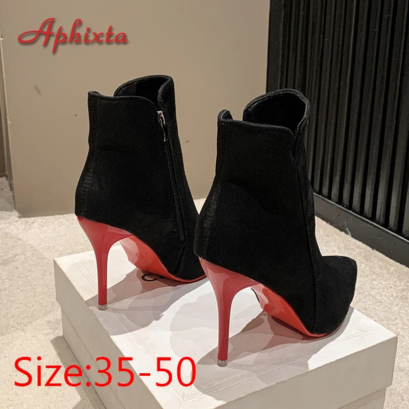 Aphixta 10cm Stilettos Zimné červené podpätky Zip Warm čierne členkové topánky Ženy Flock obuv obuvi topánky Ženy super veľká veľkosť 47 48 49 50