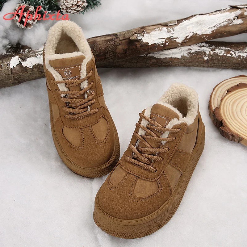 Aphixta Brown Winter Boots Platforma Furry Ženy členkové topánky dlhé plyšové šnurovanie teplých topánok Botas mujer boins veľkej veľkosti 41